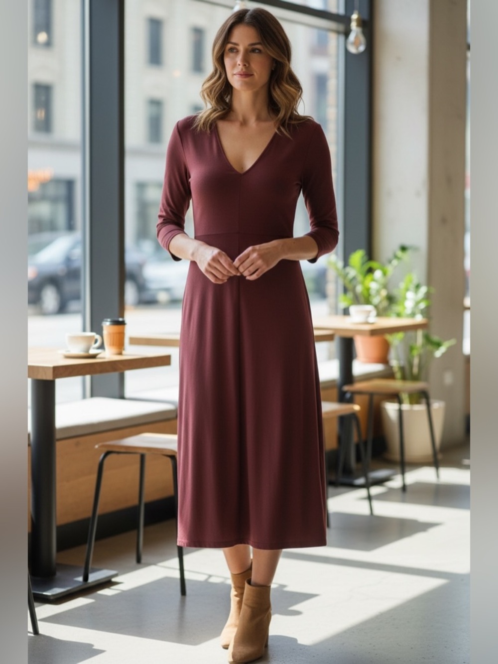 NWT Zara Women’s Deep V Neck Maxi Dress, Knit Stretch Maroon Long Sleeves SM